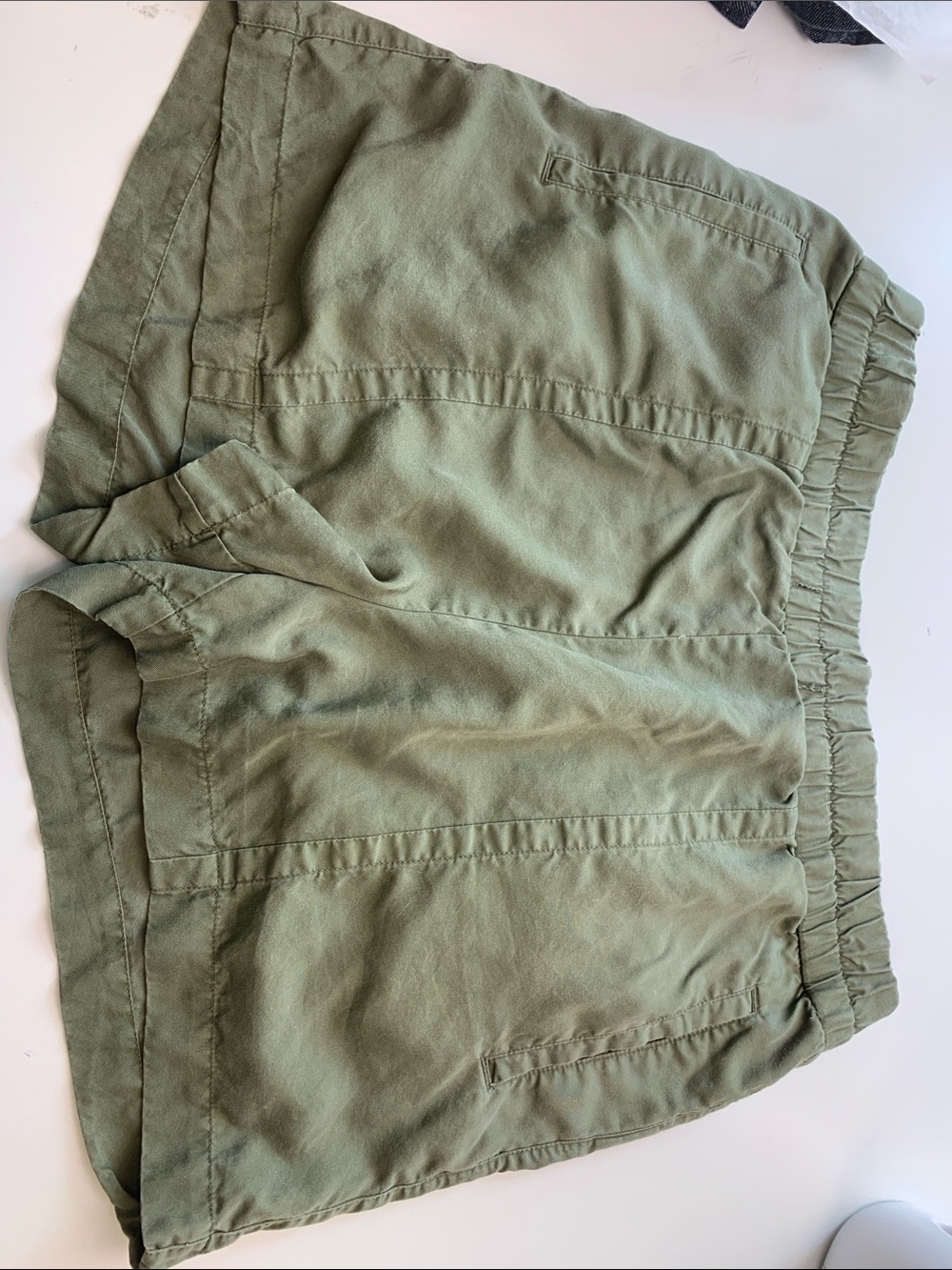Olive Green Elastic Waist Utility Shorts, Pockets, Lightweight